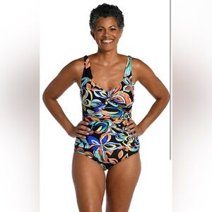 Maxine Of Hollywood Women's V-Neck Twist Front Shirred One Piece Swimsuit